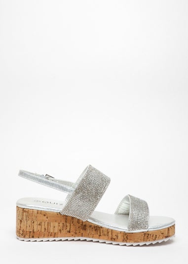 Quiz Silver Diamante Double Strap Low Wedges