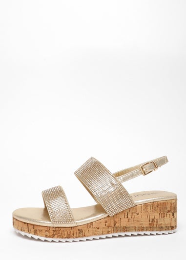 Quiz Gold Diamante Double Strap Low Wedges