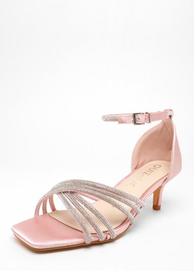 Quiz Pink Wide Fit Satin Diamante Cross Strap Low Heels