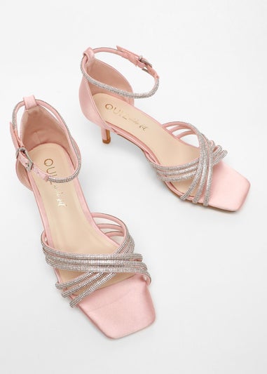 Quiz Pink Wide Fit Satin Diamante Cross Strap Low Heels