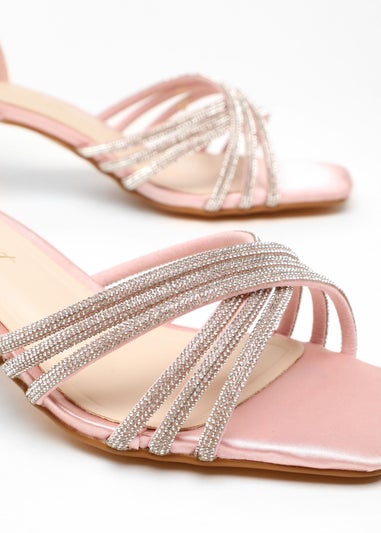 Quiz Pink Wide Fit Satin Diamante Cross Strap Low Heels