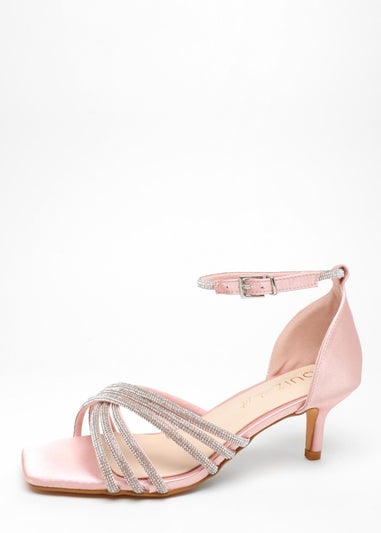 Quiz Pink Wide Fit Satin Diamante Cross Strap Low Heels