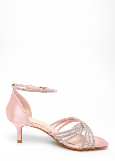 Quiz Pink Wide Fit Satin Diamante Cross Strap Low Heels