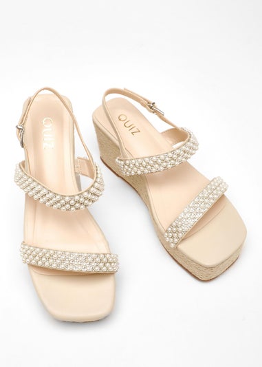 Quiz Natural Pearl Strap Woven Wedges