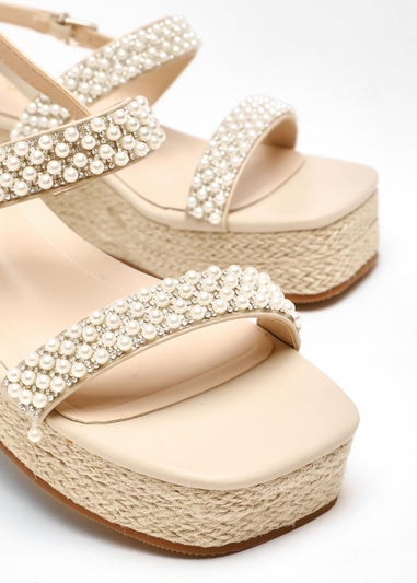 Quiz Natural Pearl Strap Woven Wedges