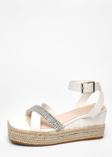 Quiz White Faux Leather Diamante Woven Wedges