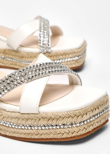 Quiz White Faux Leather Diamante Woven Wedges