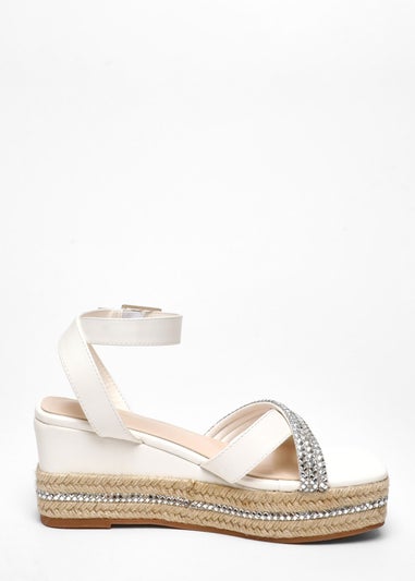 Quiz White Faux Leather Diamante Woven Wedges