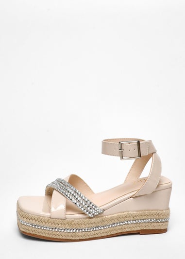 Quiz Natural Faux Leather Diamante Woven Wedges