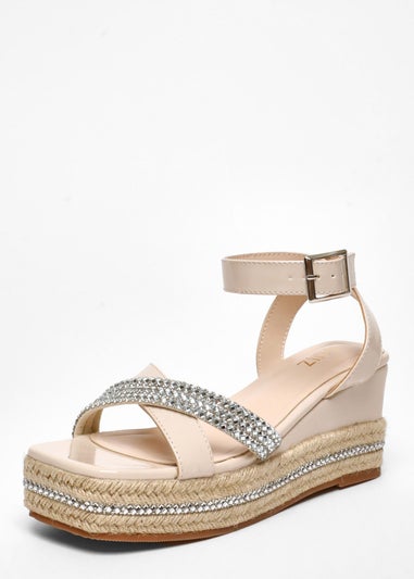 Quiz Natural Faux Leather Diamante Woven Wedges