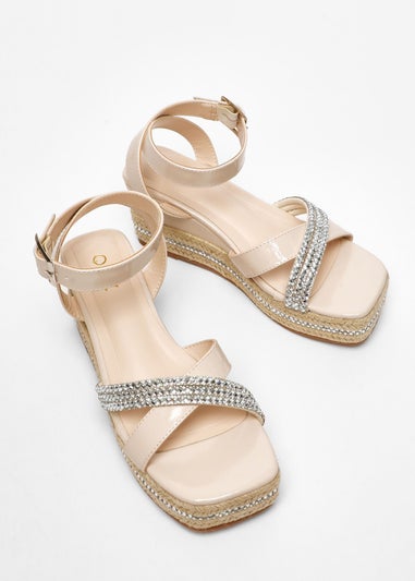 Quiz Natural Faux Leather Diamante Woven Wedges