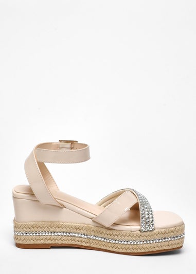 Quiz Natural Faux Leather Diamante Woven Wedges