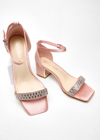 Quiz Pink Wide Fit Satin Diamante Low Block Heeled Sandals