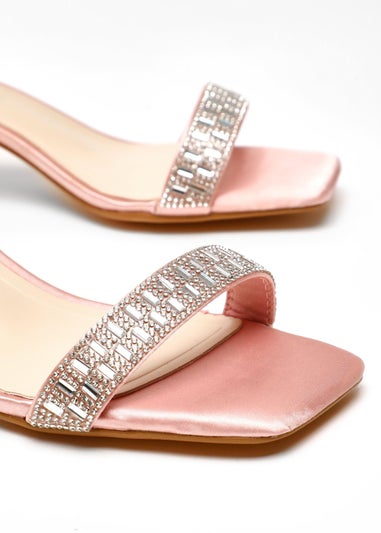 Quiz Pink Wide Fit Satin Diamante Low Block Heeled Sandals