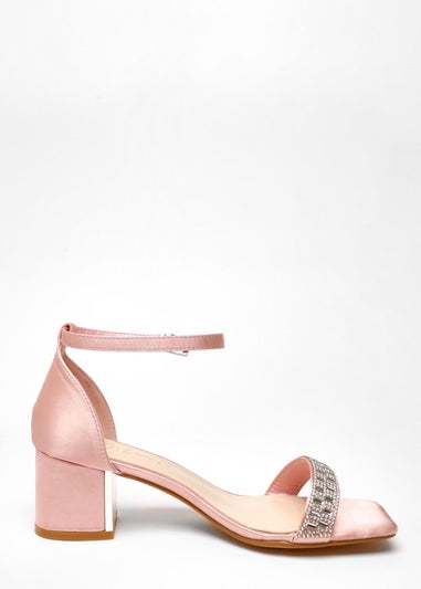 Quiz Pink Wide Fit Satin Diamante Low Block Heeled Sandals