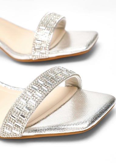 Quiz Silver Wide Fit Low Block Heel Sandals