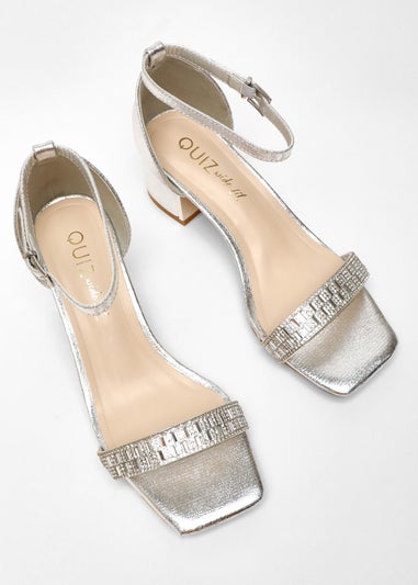 Quiz Silver Wide Fit Shimmer Low Block Heel Sandals