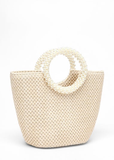 Quiz Cream Woven Pearl Handle Bag