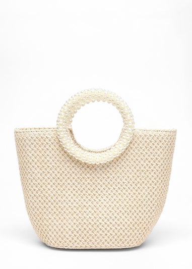 Quiz Cream Woven Pearl Handle Bag