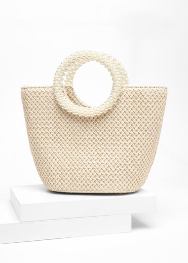 Quiz Cream Woven Pearl Handle Bag