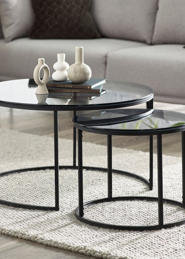 Julian Bowen Black Round Nesting Coffee Tables Smoked Glass (50 x 80 x 80cm)