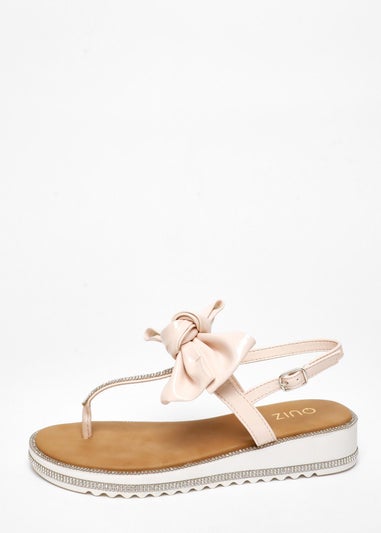 Quiz Pink Faux Leather Bow Flat Sandals