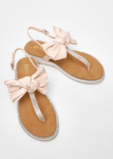 Quiz Pink Faux Leather Bow Flat Sandals