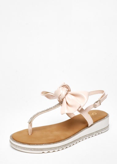 Quiz Pink Faux Leather Bow Flat Sandals