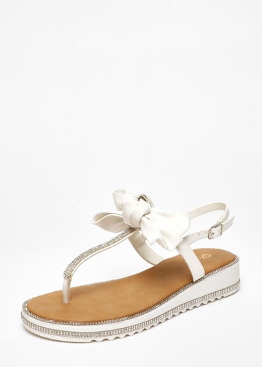 Quiz White Faux Leather Bow Flat Sandals