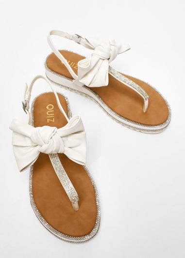 Quiz White Faux Leather Bow Flat Sandals