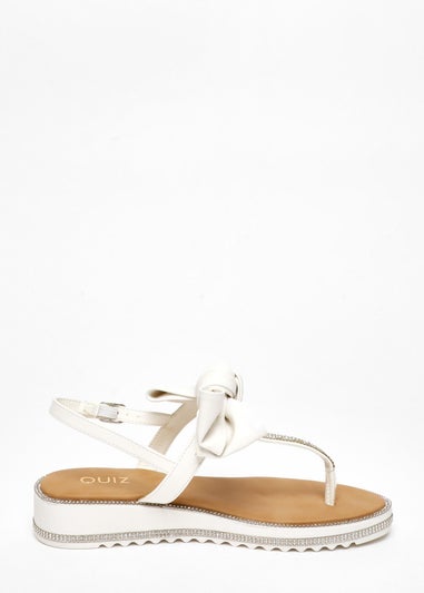 Quiz White Faux Leather Bow Flat Sandals