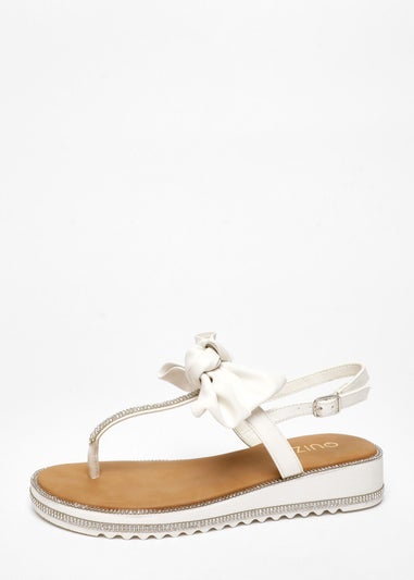 Quiz White Faux Leather Bow Flat Sandals