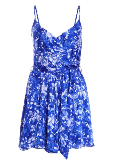 Quiz Blue Ditsy Floral Satin Wrap Playsuit