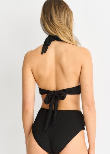 Gini London Black Textured Halter Bikini Top With Ring Belt Detail