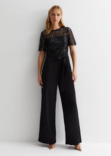 Gini London Black Floral Lace Sequin Belted Occasion Jumpsuit