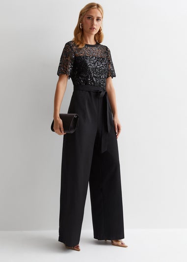 Gini London Black Floral Lace Sequin Belted Occasion Jumpsuit