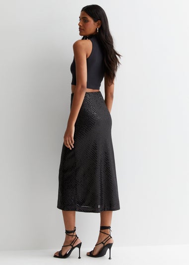 Gini London Black Sequin Bias Midi Skirt