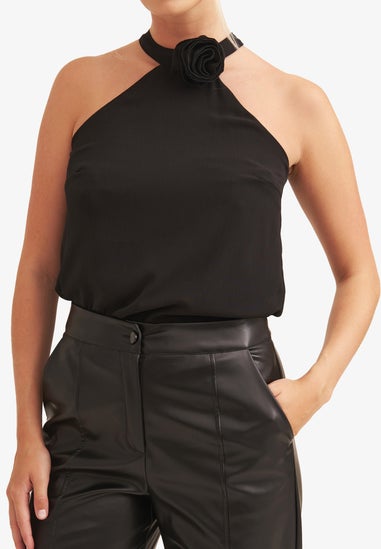 Gini London Black Halter Neck Corsage Loose Fit Top