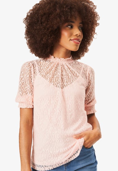 Gini London Light Pink High Neck Lace Loose Fit Blouse