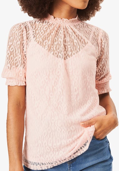 Gini London Light Pink High Neck Lace Loose Fit Blouse