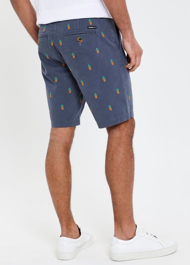 Threadbare Blue Cotton Embroidered Pineapple Chino Shorts