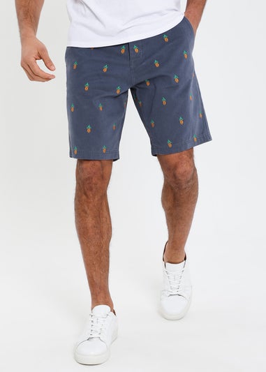 Threadbare Blue Cotton Embroidered Pineapple Chino Shorts