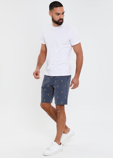 Threadbare Blue Cotton Embroidered Pineapple Chino Shorts