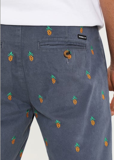 Threadbare Blue Cotton Embroidered Pineapple Chino Shorts