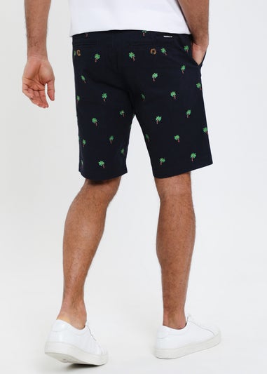 Threadbare Navy Cotton Embroidered Palm Chino Shorts