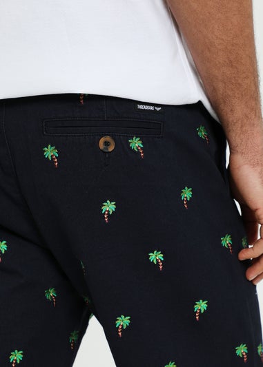 Threadbare Navy Cotton Embroidered Palm Chino Shorts