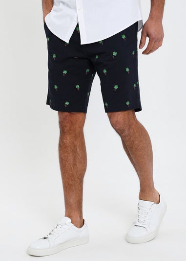 Threadbare Navy Cotton Embroidered Palm Chino Shorts