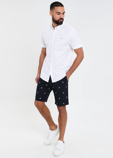 Threadbare Navy Cotton Embroidered Palm Chino Shorts