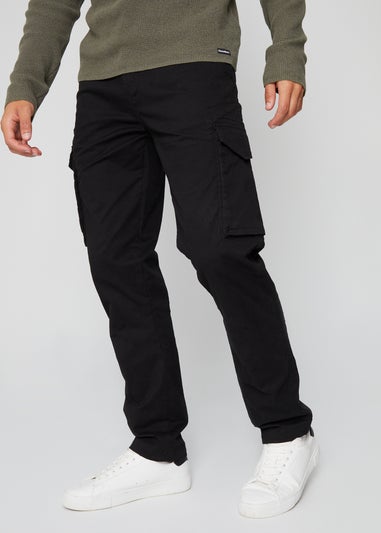 Threadbare Black Drill Cotton Cargo Trousers With Stretch