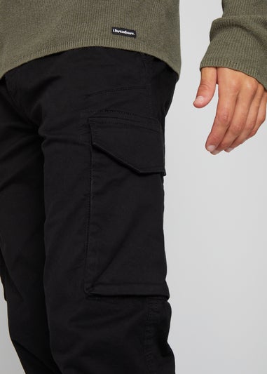 Threadbare Black Drill Cotton Cargo Trousers With Stretch